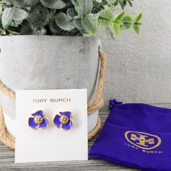 Tory Burch Fleur Flower Stud Earrings Purple OS - Picture 3 of 14